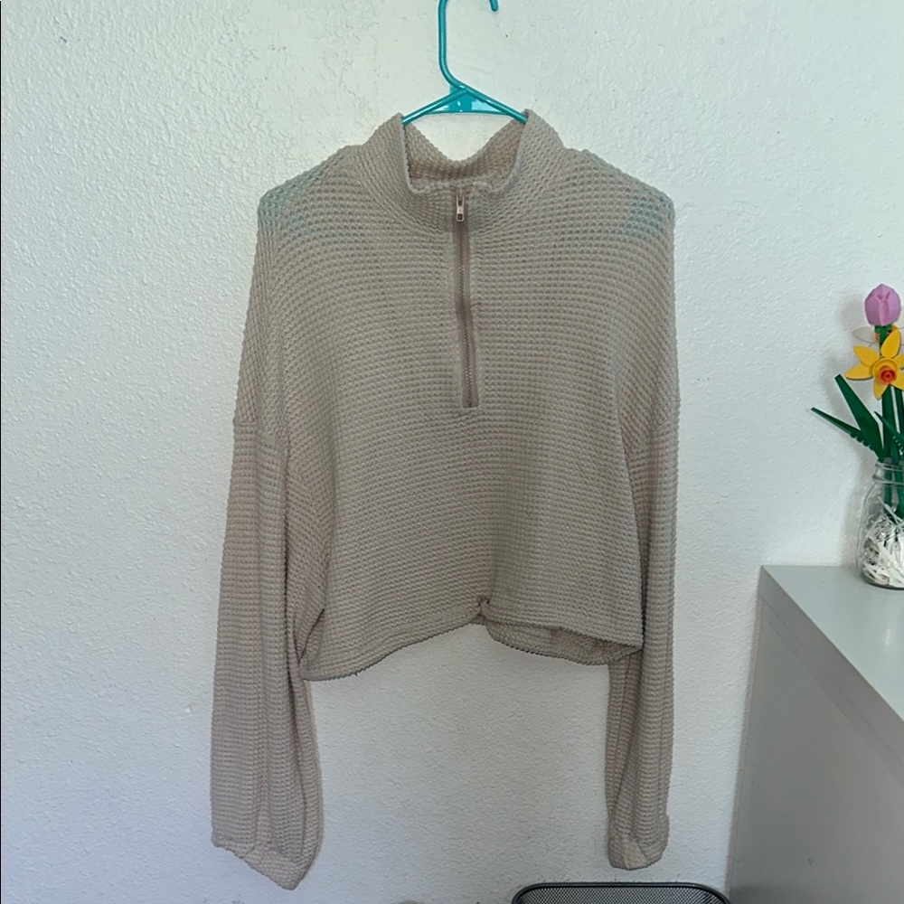 Beige Cropped Mesh Quarter-Zip Sweater
